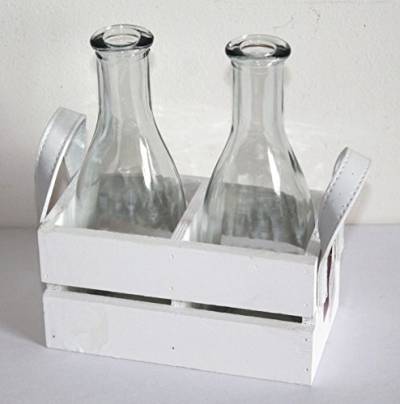 2er Set Blumenhalter Blumenvase Glasflasche Dekoglas in Holzkiste Shabby Chic Landhaus Vintage Stil mit Ledergriffen Dekoration Glas Flasche Flaschenträger Holz (Holzkiste weiß) (Amazon-Produktseite anzeigen) von AAF Nommel