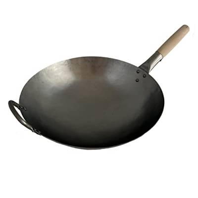 AAF Nommel Wok Pfanne aus Carbonstahl handgehämmert 40 cm Durchmesser mit rundem Boden Doppelgriff von AAF Nommel