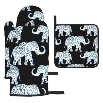 Ofenhandschuhe und Topflappen mit Elefanten-Motiv, 3-teilig, hitzebeständig, wasserdicht, Ofenhandschuhe zum Backen, Kochen, Grillen von AAPIKA