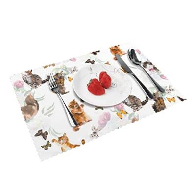 Platzdeckchen mit Katzen-Schmetterling-Motiv, 4 Stück, wärmeisolierend und ölbeständig, 45 x 30 cm von AAPIKA