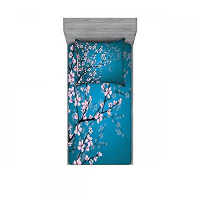 ABAKUHAUS japanisch Buntes Spannbetttuch- und Kissenbezug-Set, Sakura Bloom Muster, dekoratives,bedrucktes 2-teiliges Bettwäscheset, 140 x 200 cm - 80 x 80 cm, Petrol Blau Hellrosa von ABAKUHAUS