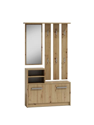 ADGO Garderobe Set Flur Artisan Eiche, Kompaktgarderobe, Flurgarderoben Set Modern, Garderobe Set, Kleiderschränke, Spiegel und Kleiderbügel und Schuhschrank, 6 Kleiderbügel für Kleidung und Mäntel von ADGO