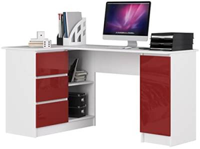 AKORD Eck-Schreibtisch B-20 mit 3 Schubladen, 2 Ablagen und einem Regalfach mit Tür | ecktisch | Eck Schreibtisch für Home Office | Einfache Montage | B155 x H77 x T85, 60 kg Weiß/Rot Glänzend von AKORD