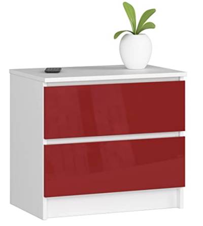 AKORD Kommode K60 mit 2 Schubladen | für das Wohnzimmer Schlafzimmer Schrank Büro Arbeitszimmer | Modernes Funktionales Design | B60 x H55 x T40 cm, Gewicht 20kg | Weiß/Rot Glänzend von AKORD