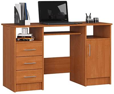 PC-Schreibtisch Ana mit Tastaturablage | Office Desk | Computertisch | Bürotisch mit Tastaturablage | 3 Schubladen, 1 Ablagefach mit Tür, 2 offene Ablagefächer, B124 x H74 x T52 cm, 45 kg | Erle von AKORD