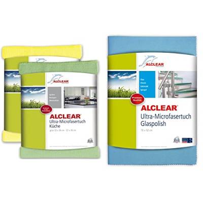 ALCLEAR 8215810yg Ultra-Microfaser Küchentücher, 32 x 36 cm, grün und gelb,2er Set & Ultra-Microfasertuch Glaspolish 70 x 50 cm Scheibentuch und Gläserpoliertuch, blau von ALCLEAR