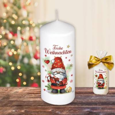 Weihnachtskerze Stumpenkerze – Frohes Fest Wichtel Mann - Kerze in Geschenkverpackung mit Schleife zu Weihnachten | moderne Motive auf Tattoofolie Schiebefolie von AV Andrea Verlag