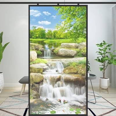 Wasserfall-Landschaft, dekorative Sichtschutz-Fensterfolie, Milchglas, Fensterfolie, wärmekontrollierend, Glasaufkleber für Zuhause, Büro, B 16,5 x H 32,2 (42 x 82 cm) von Acmore