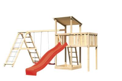 Akubi Kinderspielturm Anna mit Pultdach inkl. Wellenrutsche, Anbauplattform, Doppelschaukel und Klettergerüst rot inkl. gratis Akubi Farbsystem & Kuscheltier von Karibu