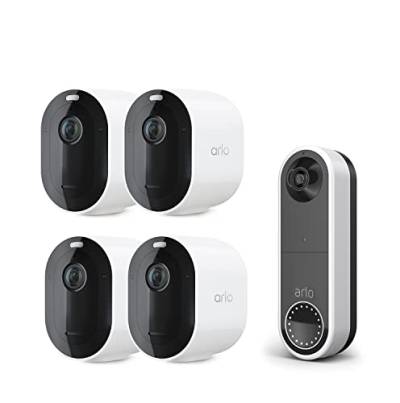 Arlo Pro 5 WLAN Überwachungskamera aussen mit Wireless Doorbell, 2K UHD, 4er Set Weiß, Verbesserte Farbnachtsicht, 160° Blickwinkel, 2-Wege Audio, mit Secure Plan Testzeitraum von Arlo