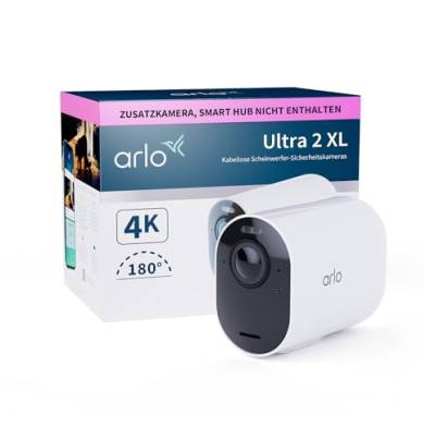 Arlo Ultra 2 XL Überwachungskamera Aussen WLAN, 12-Monate Akkulaufzeit, Kabellos, 4K UHD Qualitätsprodukt, 180°, Nachtsicht, Bewegungsmelder, Alarm Sirene, Zusatzkamera, SmartHub Benötigt,Weiß von Arlo