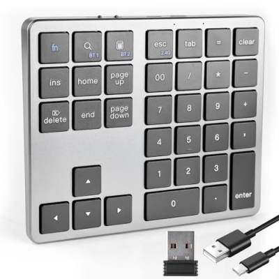 BAIFULAI Bluetooth-Nummernblock, Bluetooth Ziffernblock mit 35 Tasten, Aufladung Tragbarer Mini-Zahlenblock, Numpad mit USB-C, für die Finanzbuchhaltung Laptop/Desktop/PC/Notebook (Schwaz) von BAIFULAI