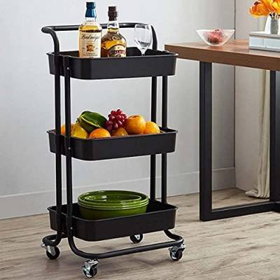 BAKAJI Kosmetikwagen, Trolley, Küche, aus Metall, 3 Ablagen und 4 Rollen um 360 Grad mit Bremse, platzsparend, für Haus, Küche, Maße: 32,5 x 75 x 25 cm, modernes Design (schwarz) von BAKAJI