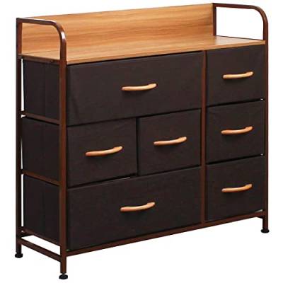 BAKAJI Kommode mit 7 Schubladen Wildleder Stoffschrank Sideboard Vintage Highboard Metall Mehrzweckschrank Schränke Organizer TV Schrank Klein, Küche Schlafzimmer Büro Wohnzimmer Braun + Stahl von BAKAJI