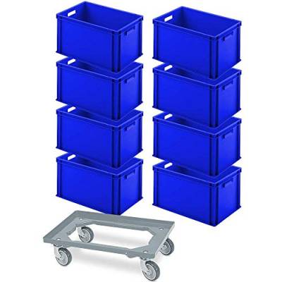 Komplettset Schwerlast-Transportroller + 8x Eurobox 600x400x320mm, blau von BRB