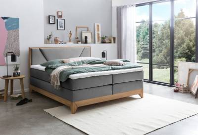 Belanoti Boxspringbett Riviera (Boxspringbett 160x200 Eiche 7-Zonen Taschenfederkern Matratze inkl, Visco Topper Bett 160x200 in der Farbe Anthrazit H2/H3 Polsterbett), Hotelbett mit Massivholz Eiche Massivholzbett von Belanoti