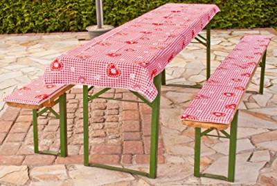 Beo Festzeltauflagen Set inklusiv Tischdecke kariert im Landhausstil Bankauflage, Circa 220 x 25 x 2,5 cm und 240 x 100 cm, rot/weiß/Mehrfarbig, 3 Stück (1er Pack) von Beo