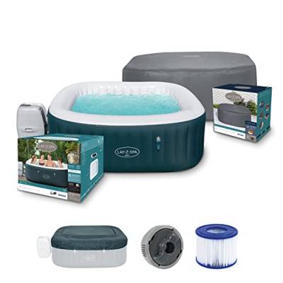 Bestway Lay-Z-SPA Ibiza AirJet™ Whirlpool, 180 x 180 x 66 cm, 4-6 Personen, eckig, Petrolblau + Xtras EnerySense Thermo-Komplettabdeckung 180 x 180 x 71 cm, eckig von Bestway