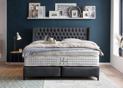 BettCo Boxspringbett Florida (in Schwarz Velours, 180 x 200 cm), Kopfteil mit Ohren + optionaler Topper, Metallfüße Schwarz von BettCo