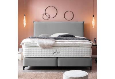 BettCo Boxspringbett London (in Grau Velours, 180 x 200 cm), Zeitloses-Design mit Biese + optionaler Topper, Schwarze Metallfüße von BettCo