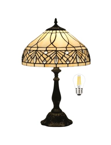 Bidesen 12-Zoll-tischlampe Im Tiffany-Stil, Beige Glaslampe, Weißer Kristallglasperlen-kristallschirm, Antikes Leselicht, Schlafzimmer-nachtlicht von Bidesen
