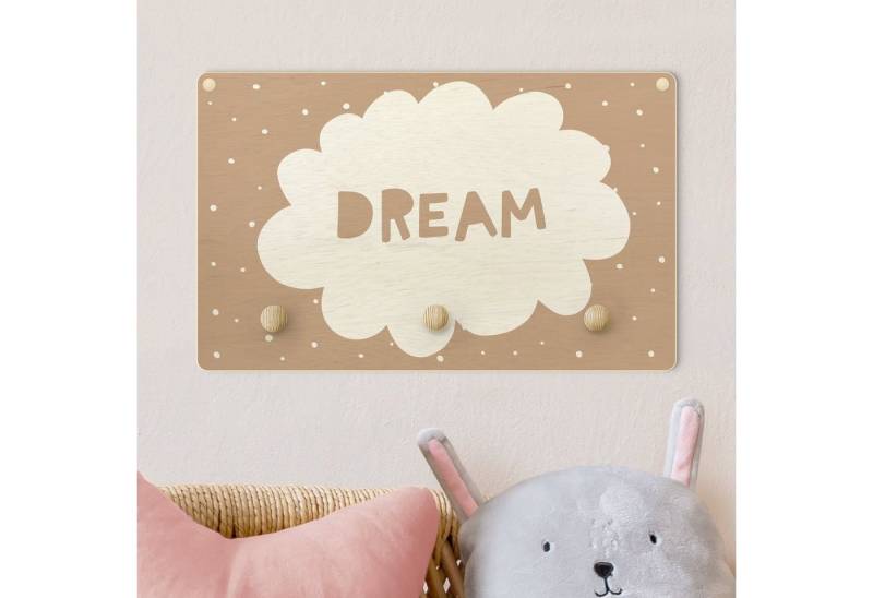 Bilderdepot24 Garderobenpaneel beige Illustration Sprüche Spruch Dream mit Wolke Natur (Kindergarderobe Holz Kleiderhaken für die Wand inkl. Montagematerial), moderne Wand Garderobenleiste Flur - kleine Hakenleiste Kinderzimmer von Bilderdepot24