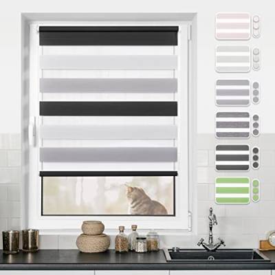 Doppelrollo Klemmfix ohne Bohren Weiß-Grau-Anthrazit 55x120cm Rollos für Fenster ohne Bohren & mit Bohren Rollo Fensterrollo Klemmrollos Fensterrollo innen lichtdurchlässig & verdunkelnd von BondFree