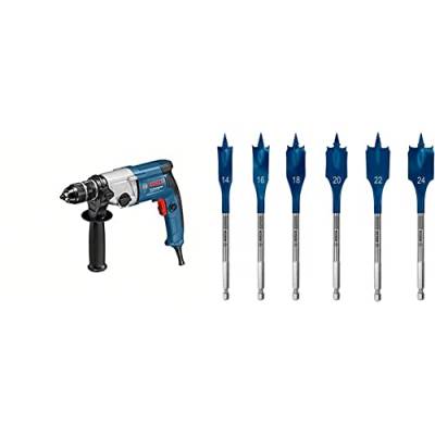 Bosch Professional Bohrmaschine GBM 13-2 RE (750 Watt, im Karton) + 6x Expert SelfCut Speed Flachfräsbohrer Set (für Weichholz, Grobspanplatte, Ø 14-24 mm, Zubehör) von Bosch Professional