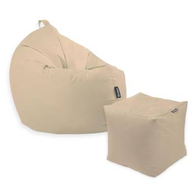 Premium 2-in-1 Sitzsack mit Füllung | Fußhocker | für Kinder & Erwachsene | Outdoor & Indoor | Sitzkissen | Bodenkissen | Wasser- & schmutzabweisend + Sitzpouf 35x35x35cm (Beige, 125 cm + Sitzspouf) von BuBiBag