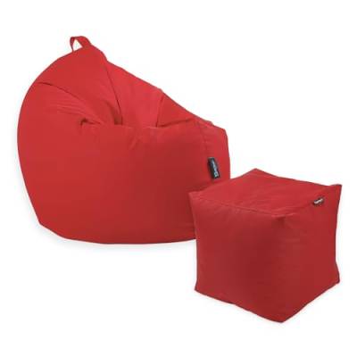 Premium 2-in-1 Sitzsack mit Füllung | Fußhocker | für Kinder & Erwachsene | Outdoor & Indoor | Sitzkissen | Bodenkissen | Wasser- & schmutzabweisend + Sitzpouf 35x35x35cm (Rot, 145 CM + Sitzspouf) von BuBiBag