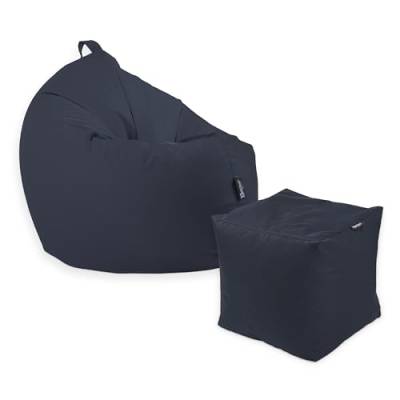 Premium 2-in-1 Sitzsack mit Füllung | für Kinder & Erwachsene | Outdoor & Indoor | Sitzkissen | Bodenkissen | Wasser- & schmutzabweisend + Sitzpouf 35x35x35cm (Marine/Dunkelblau, 145 CM + Sitzspouf) von BuBiBag