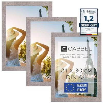 CABBEL 3er Set Bilderrahmen DIN A4 21x30 MDF Holz-Rahmen mit bruchsicherem Acrylglas, ideal für Collagen, Portraits & Urkunden in Grau/Beton von CABBEL