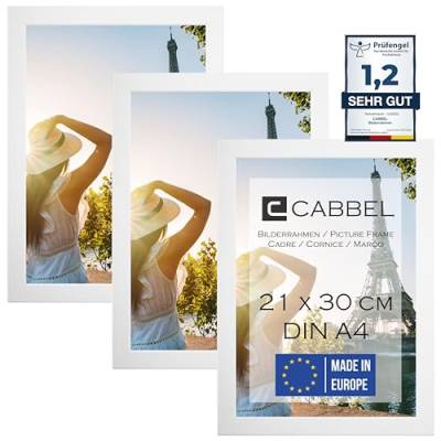 CABBEL 3er Set Bilderrahmen DIN A4 21x30 MDF Holz-Rahmen mit bruchsicherem Acrylglas, ideal für Collagen, Portraits & Urkunden in Weiß von CABBEL