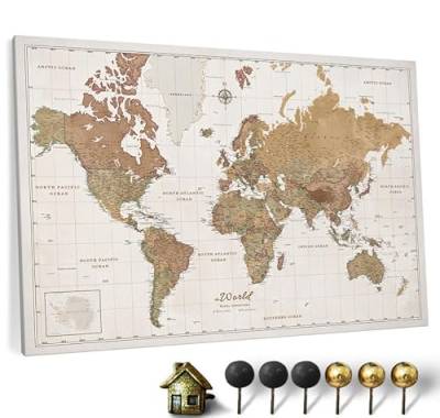 Hochwertige Canvas Weltkarte mit Kork-Pinnwand - Englische Beschriftung - Dekorative Wanddeko für alle Zimmer - Leinwandbilder mit Weltkarte Motiv (90x60 cm, Muster 16) von CANVASCALE