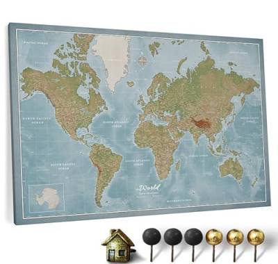 Hochwertige Canvas Weltkarte mit Kork-Pinnwand - Englische Beschriftung - Dekorative Wanddeko für alle Zimmer - Leinwandbilder mit Weltkarte Motiv (90x60 cm, Muster 8) von CANVASCALE