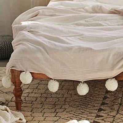 CIAL LAMA Dekorative Mehrzweckdecke aus 100% Baumwolle mit Pompons, Weiß, Beige, Boho-Stil, Bett, Sofa, 130 x 170 cm von CIAL LAMA
