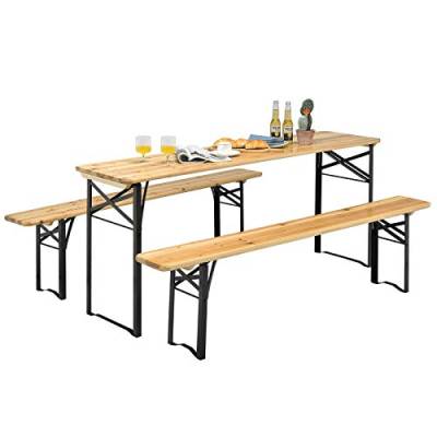 COSTWAY 3tlg. Bierzeltgarnitur Picknicktisch mit 2 Sitzbänke, Campingtisch Set Metallrahmen, Festzeltgarnitur für Terrasse, Garten 178 x 46 x 76cm von COSTWAY