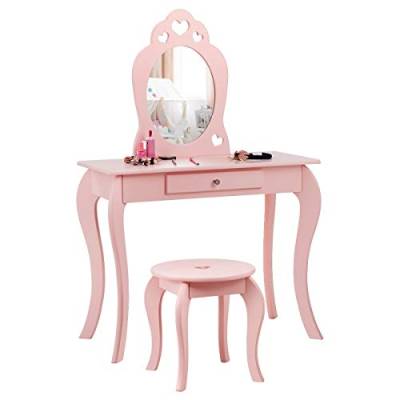 COSTWAY Kinder Schminktisch mit Hocker und Abnehmbarer Spiegel, Mädchen Frisiertisch Holz, Kindertisch mit Schublade, Spiegeltisch 70x34x105cm (Pink) von COSTWAY