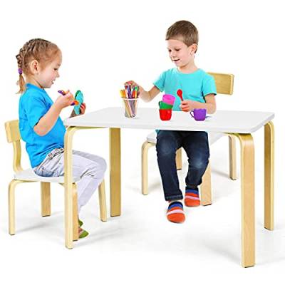 COSTWAY Kindertisch mit 2 Stühlen, 3tlg. Kindersitzgruppe, Sitzgruppe für Kinder, Kindermöbel aus Holz, Kindertischgruppe (Weiß) von COSTWAY