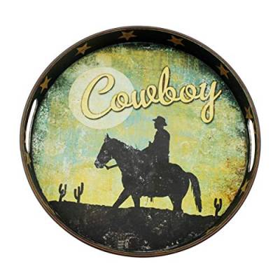 CVHOMEDECO. Primitives Metall rundes dekoratives Tablett, verzinktes Serviertablett, 33 cm Durchmesser, Cowboy-Stil von CVHOMEDECO.