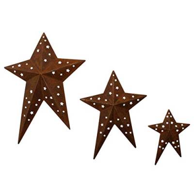 CVHOMEDECO. Primitives Rustikale Vintage-Geschenke Rusty Punched Metal Barn Stars für Wand/Kränze/Zweige Dekor, 20,3/15,2/10,2 cm, 3er-Set von CVHOMEDECO.