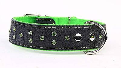 Capadi K0145 Hundehalsband verziert mit farbigen Chrystalsteinen weich unterlegt und Starkes Halsband aus Echtleder, Grün, Breite 40 mm, Länge 65 cm von Capadi