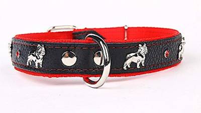Capadi K0342 Enges Hundehalsband für Bulldoge verziert mit Ornament und Christallsteinen aus echtem strapazierfähiges Leder weich unterlegt, Rot, Breite 30 mm, Länge 55 cm von Capadi