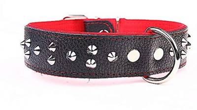 Capadi K0382 Breiter Hundehalsband für Bulldoge mit kleinen Nietenverzierungen aus echtem strapazierfähiges Leder weich unterlegt, Rot, Breite 40 mm, Länge 55 cm von Capadi
