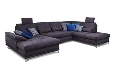 Cavadore Wohnlandschaft Castiel mit Federkern / Großes Schlafsofa in U-Form mit Bettkasten, Sitztiefenverstellung und Kopfstützen / 368 x 114 x 232 / Webstoff, Dunkelblau von CAVADORE