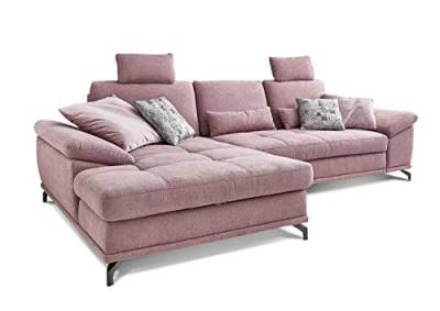 Cavadore L-Form-Sofa Castiel mit Federkern / Großes Schlafsofa mit Bettfunktion, Sitztiefenverstellung, Kopfstützen und XL-Longchair / 312 x 114 x 173 / Webstoff, Flieder-Rosa von CAVADORE