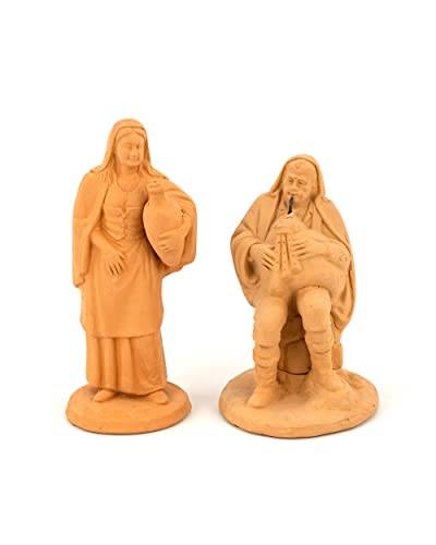 2 Figuren Krippe, Figur aus Terrakotta Sampognaro + Frau mit Viertel, Weihnachtskrippe aus Keramik von Caltagirone handgefertigt von Ceramiche Azzaro & Romano Caltagirone
