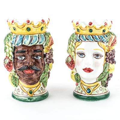 Moro-Köpfe H 14 cm aus sizilischer Keramik, 1 Paar Köpfe von Caltagirone handgefertigt von Ceramiche Azzaro & Romano Caltagirone