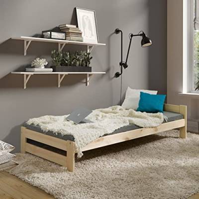 Coemo Massivholzbett Bett 80x200 mit Lattenrost Futonbett Holzbett Holz Kiefer Natur massiv Bettgestell Einzelbett auch als Kinder- und Jugendbett von Coemo