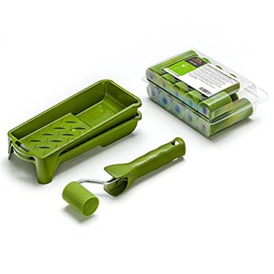 Lackier Set: 20 x Schaumstoff Lackrolle 5 cm superfein gerade | 2 x Lackierwanne | 1 x Farbroller-Steckbügel | Lackierwalze Schaum Lackierrolle Schaumwalze | Farbroller klein Malerset streichen von Colorus